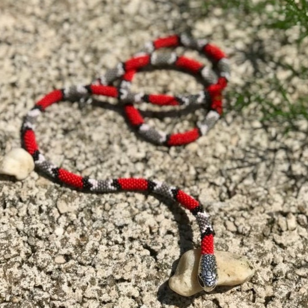 Red Silver Bead Snake Head Clasp Necklace …